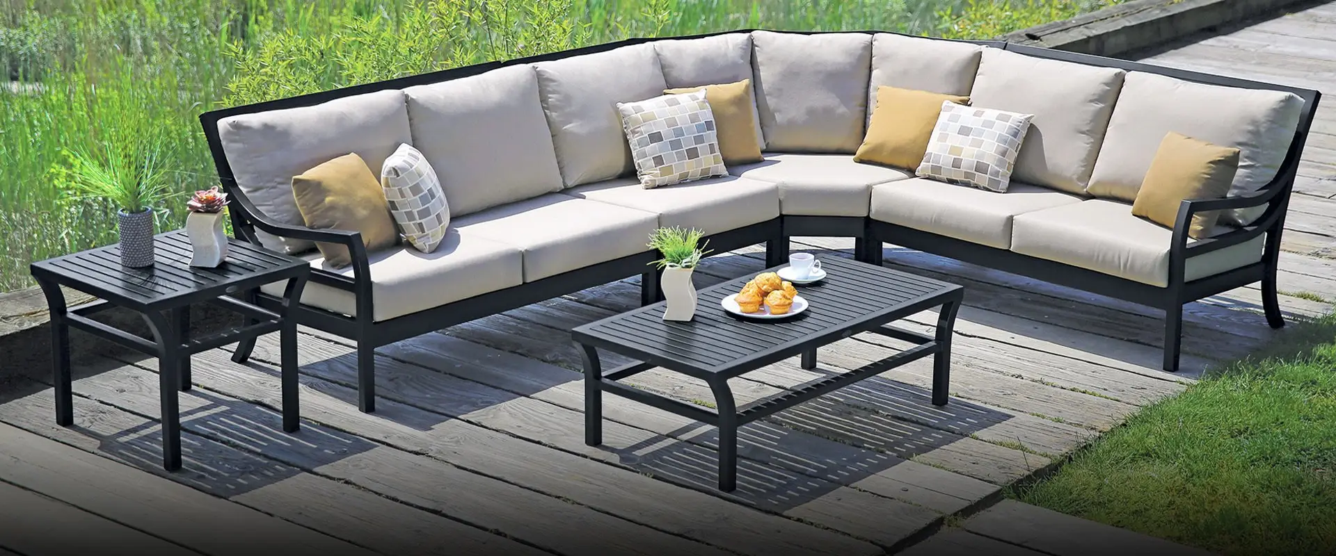 Modern outdoor sectional sofa with grey cushions