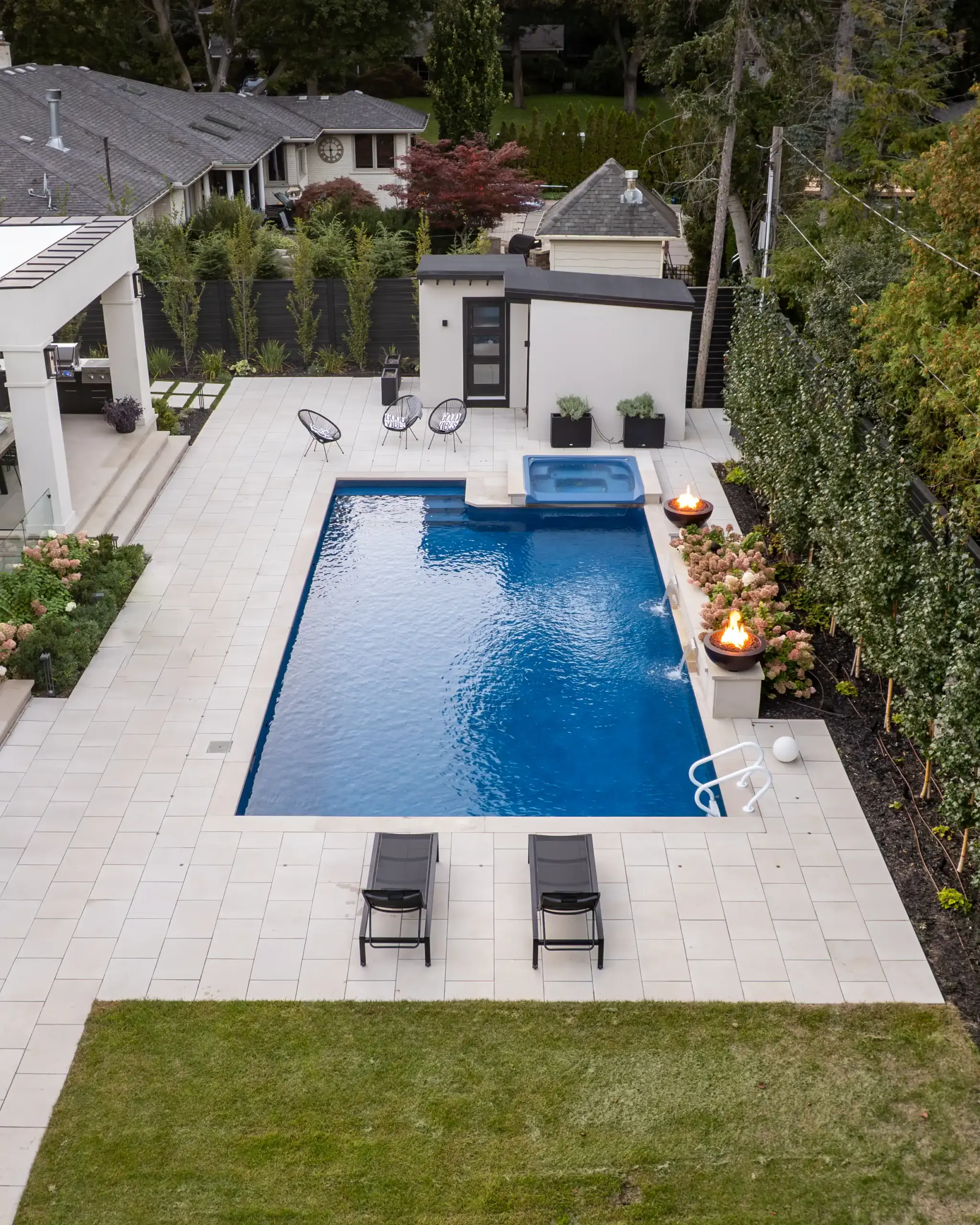 Inground Pool with firebowls