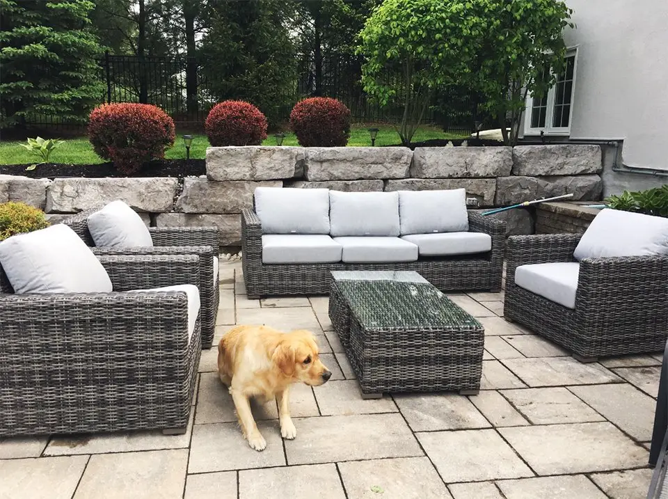 Outdoor deep seating set on a covered patio