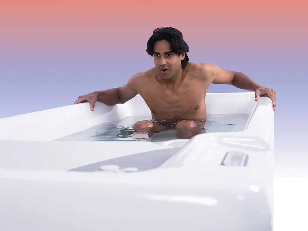Cold plunge pool with crisp blue water outdoors