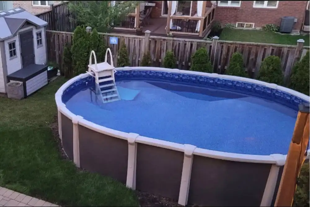 Above ground pool in a bright family backyard