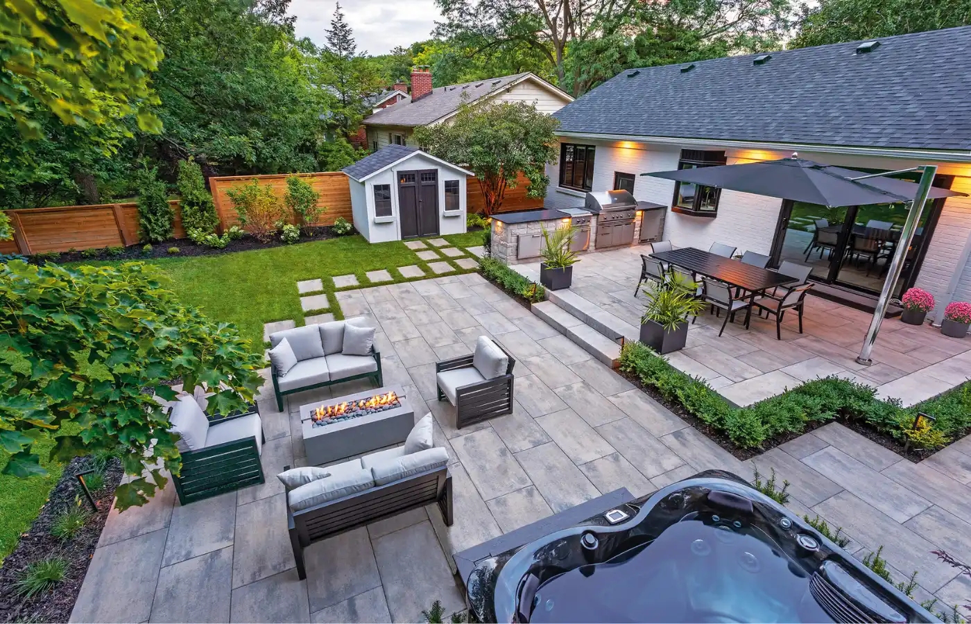 Outdoor seating area on a stone patio