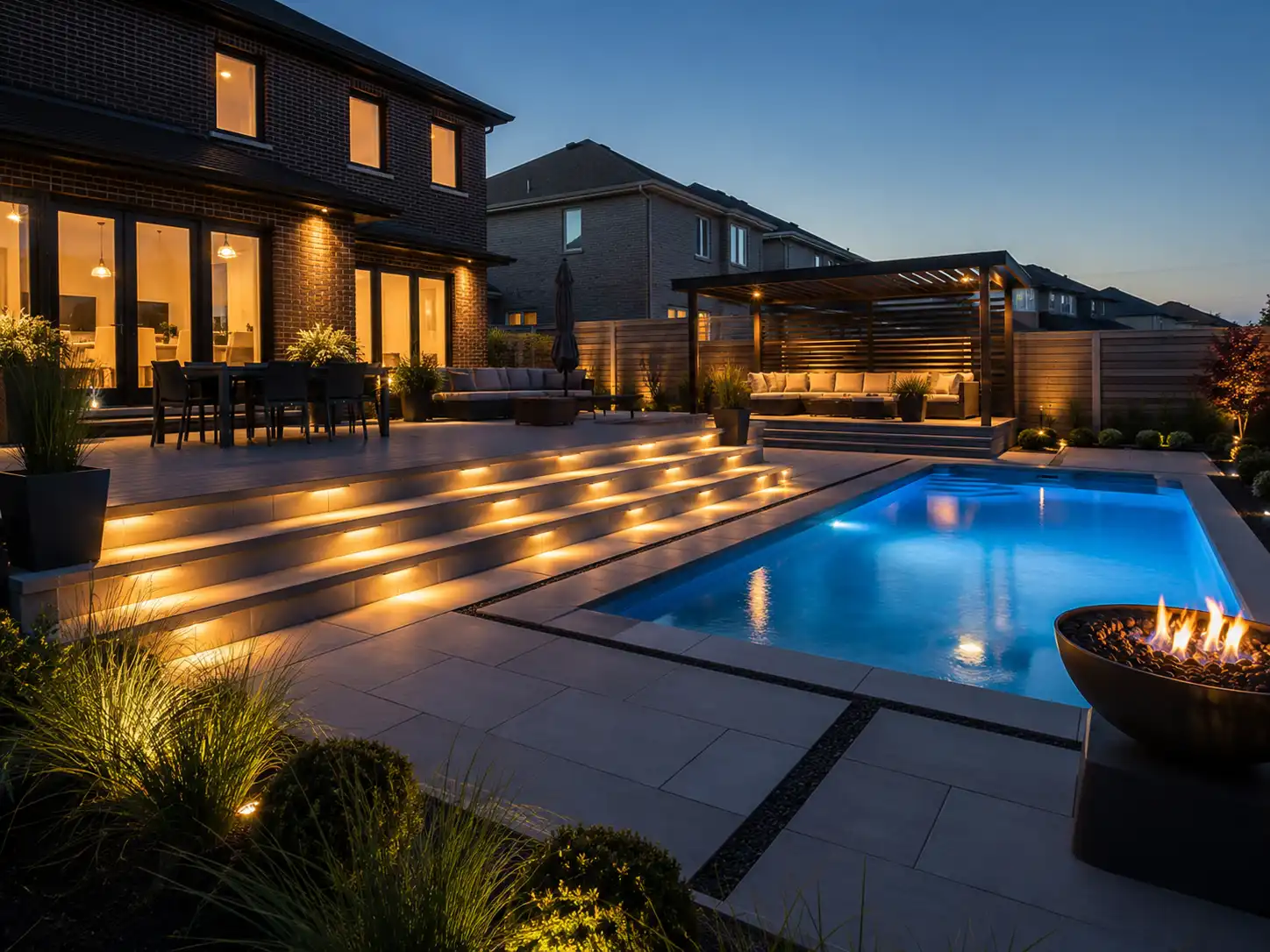 Inground Pool with firebowls