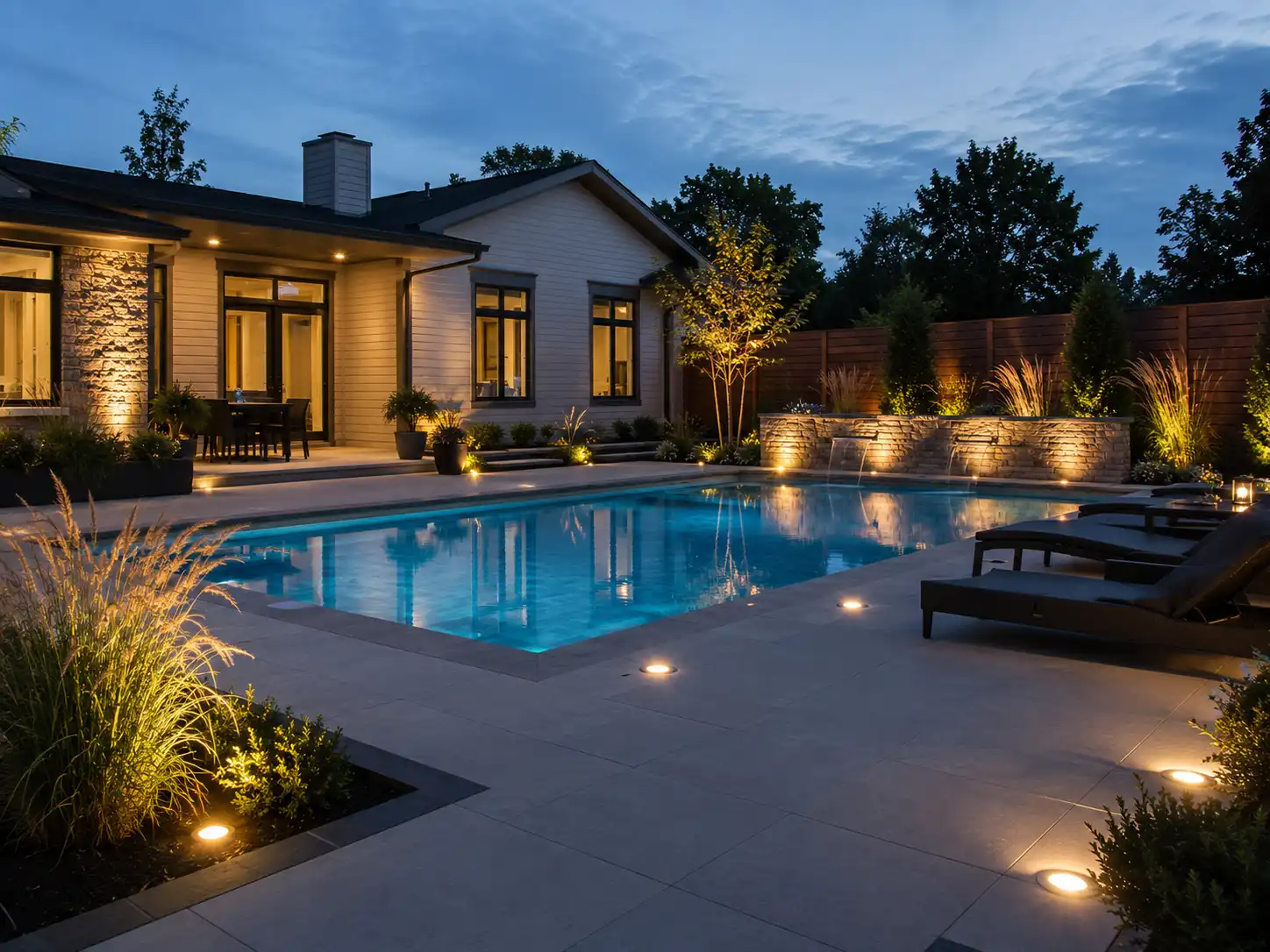 Inground Pool with firebowls