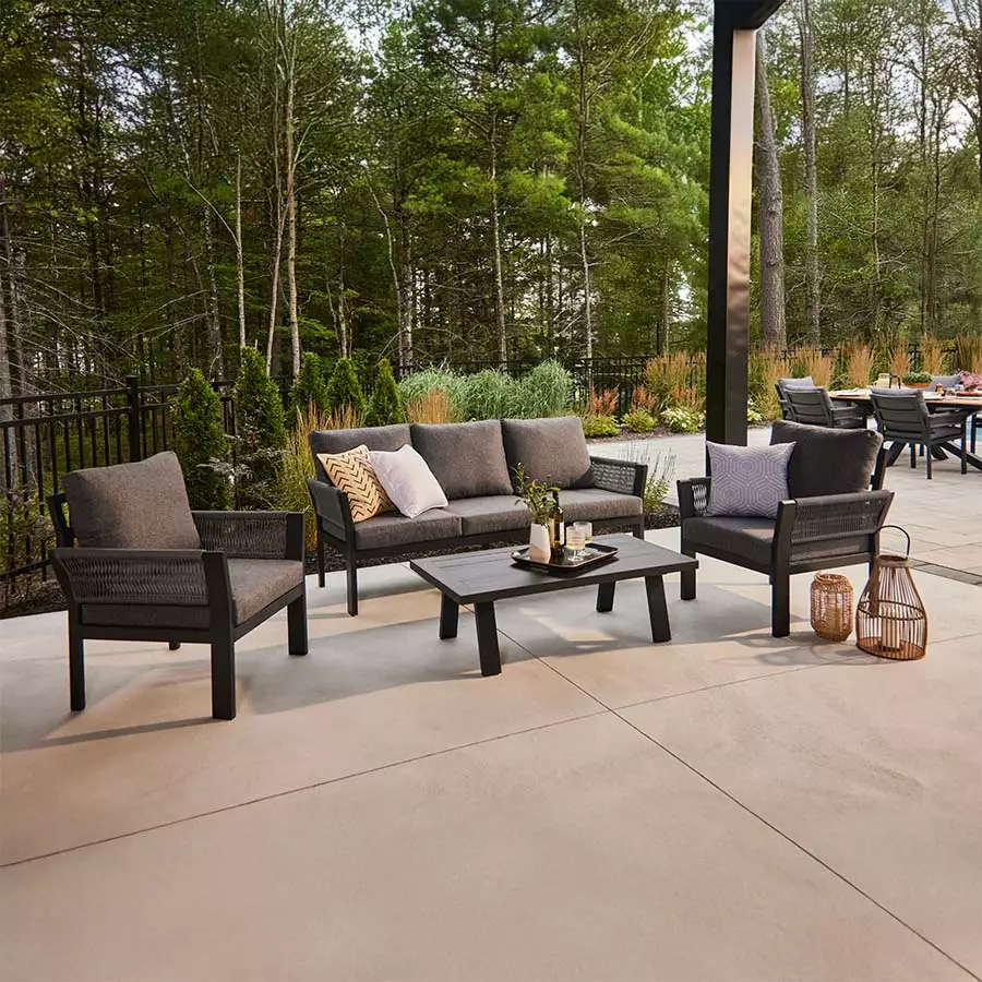 Outdoor deep seating set on a covered patio