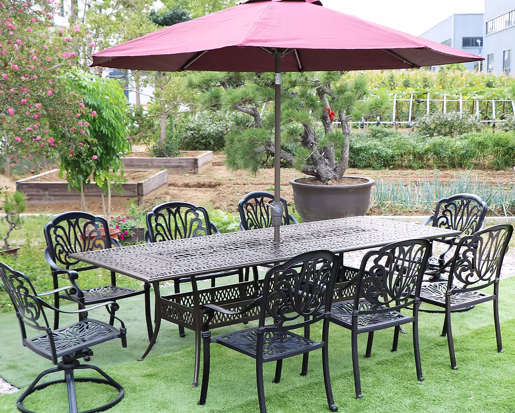 Outdoor dining table and chairs on a deck
