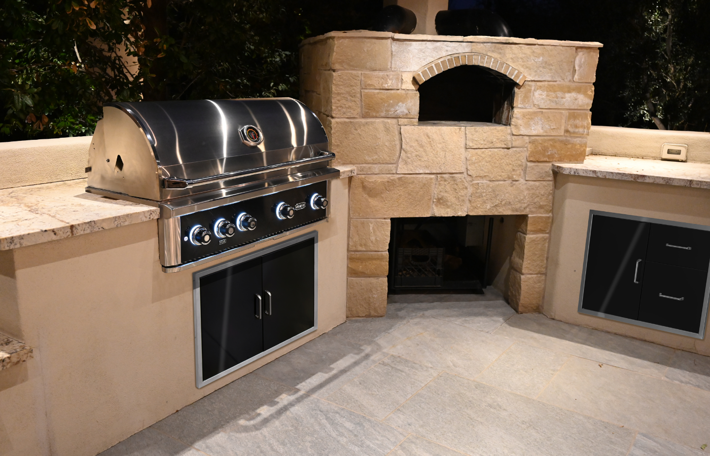 Outdoor kitchen lit up at night